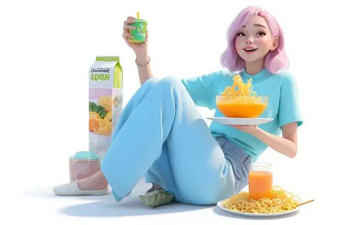 Girl Enjoying Breakfast 3D Character Design Illustration